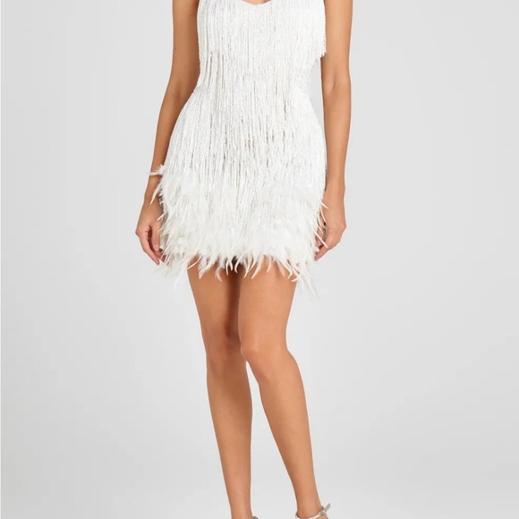 White Sequined Fringe & Feather Mini Dress - Picture 5 of 10